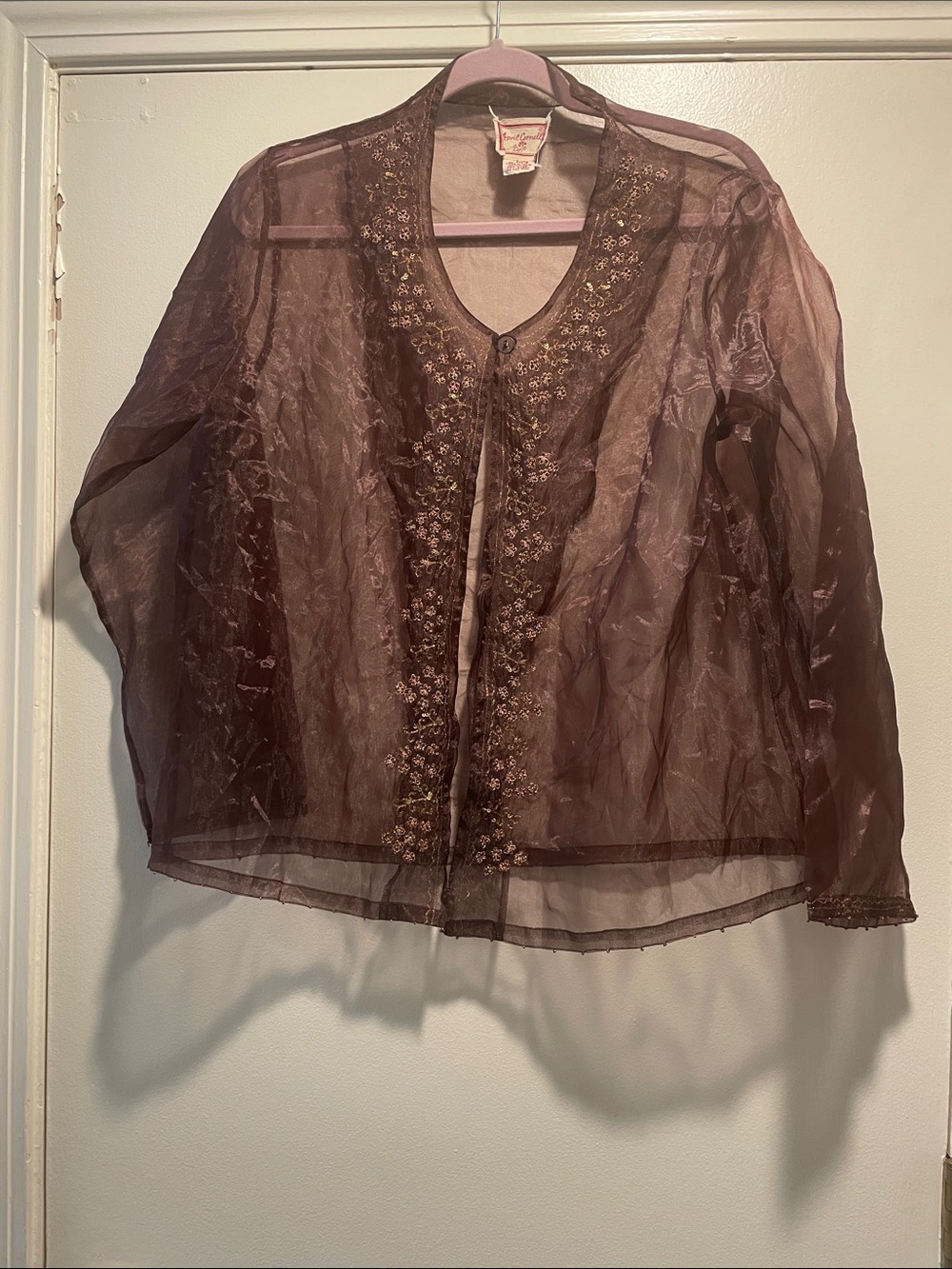 April Cornell Sheer Plum Embroidered Beaded Flowers Single Button Jacket